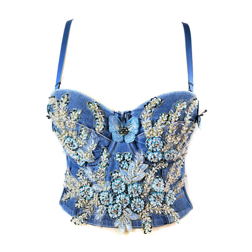

Heavy engineering beaded denim suspender vest wearing jacket style night show hot girls wrapped chest, Denim blue