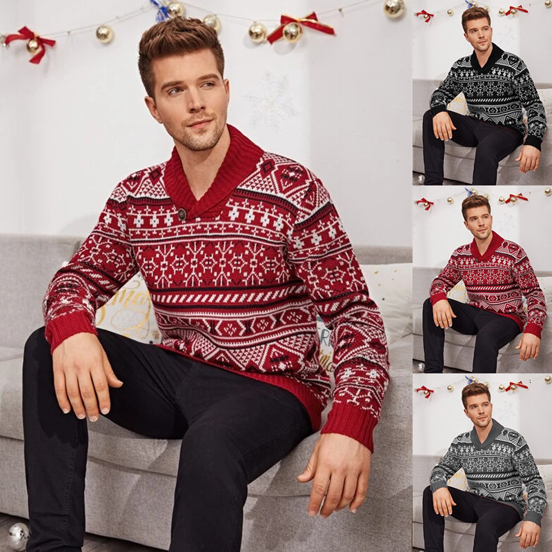 

Men's Sweaters Christmas Elk Lapel Knit Sweater 221207, Black