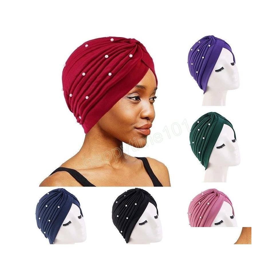 

Beanie/Skull Caps Women Beaded Turban Cap Muslim Hijab Caps African Headwrap Ladies Head Wraps India Hat Femme Musman Turbante Mujer Dhitn