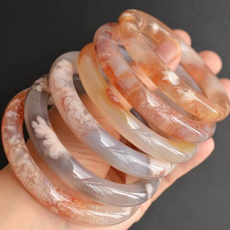 

NEW China Pure Natural Cherry Agate Floating Flower Jade Round Bar Bangles Bracelet For Women Jewelry Fashion Accessories