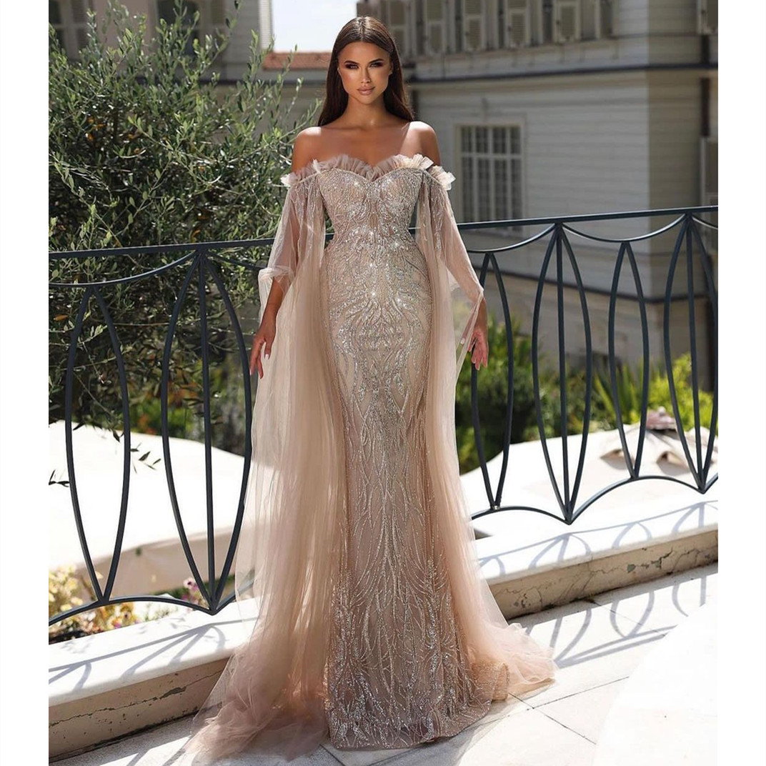 

Shiny New Arrival Evening Dresses Sweetheart Strapless Long Sleeves Lace Floor Length Beaded Pearls Lace Sequins Appliques Prom Dress Formal Plus Size Tailored, Nude