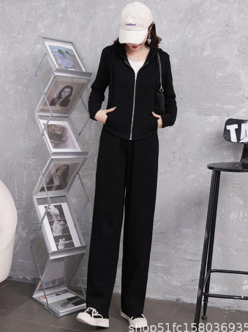 

Women's Two Piece Pants Spring Cotton Fashion Casual Suit Women's Loose Sports Slim Straight High Waist Wide Leg Zipper Hooded Coat, Beige