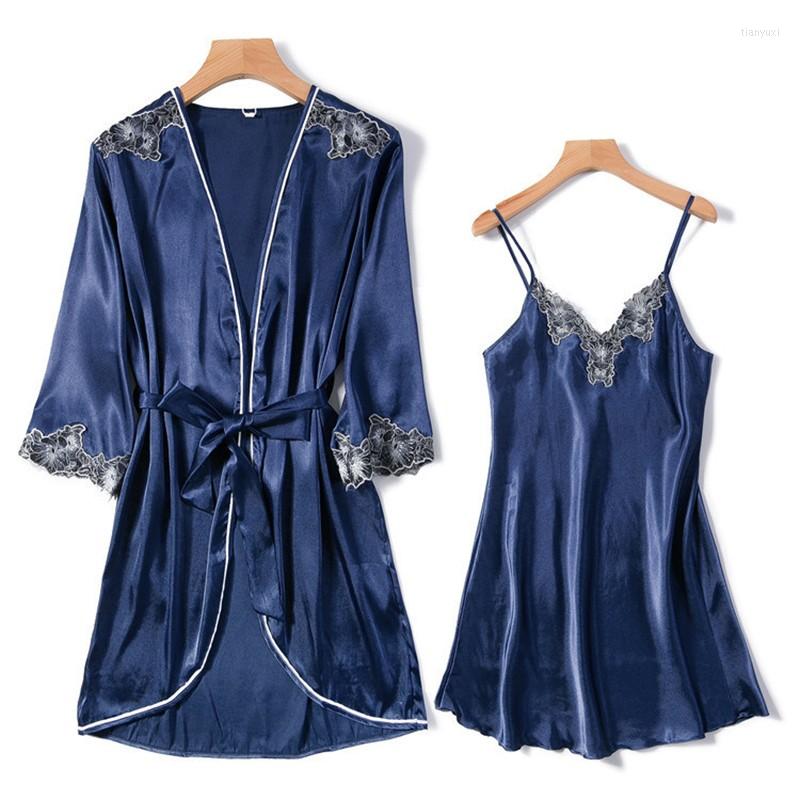 

Women's Sleepwear 2022 Women's 2PCS Nighty Suit Spring Summer Loose Robe Gown Ice Silk Intimate Lace Trim Home Dress Casual Pyjamas, Red