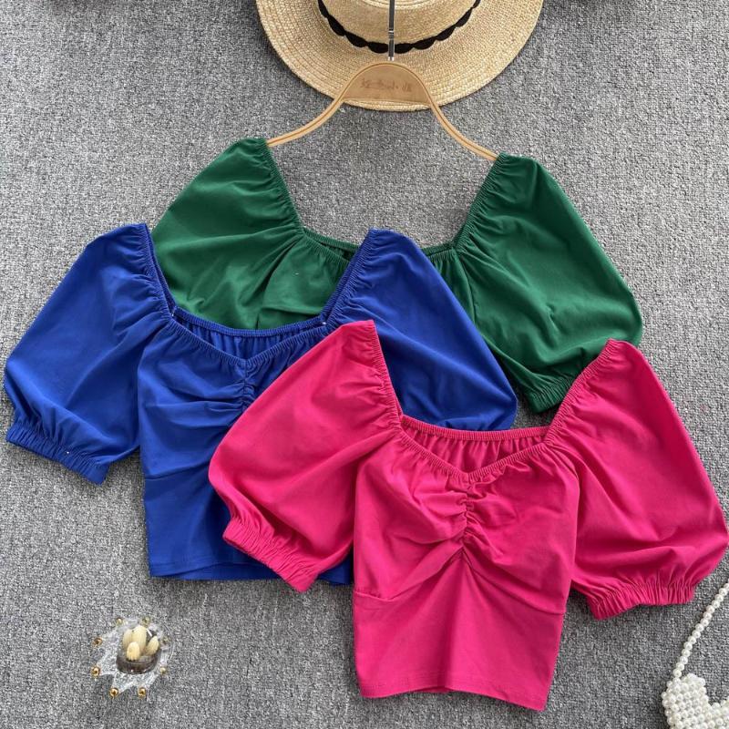 

Women's Blouses 2022 Fashion Women Summer V-neck Short Sleeve Shirt Slim Tops Mujer Solid Color Sexy Clothes Blouse G297, Green