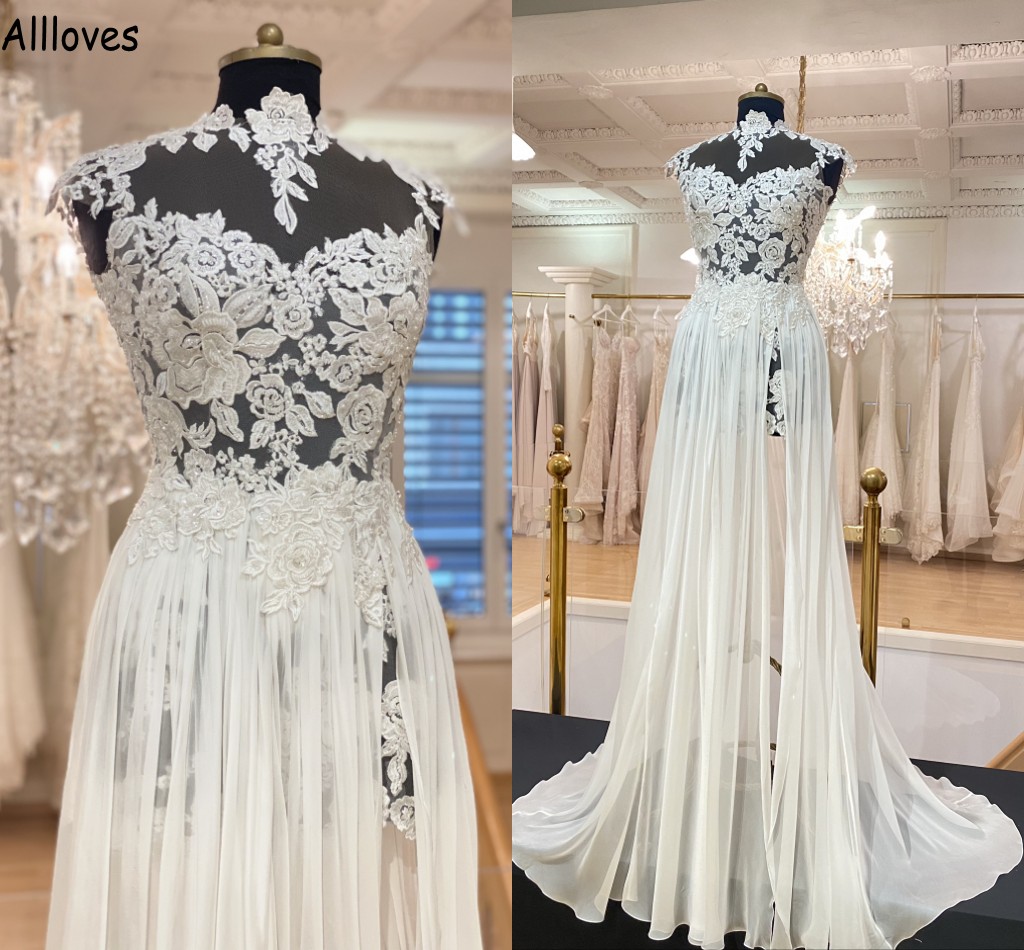 

Fabulous Chiffon A Line Wedding Dresses See Through Lace Appliqued High Collar Cap Sleeves Bridal Gowns Boho Beach Sexy High Split Bride Robes de Mariee CL1575, Chocolate