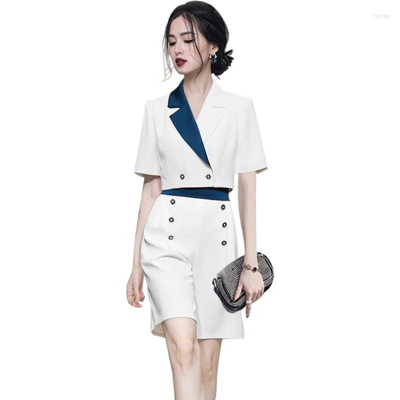 

Women' Tracksuits Suits Women Summer Short-Sleeved Double-Breasted Top High-Waist Straight-Leg Shorts Two-Piece Sets, White