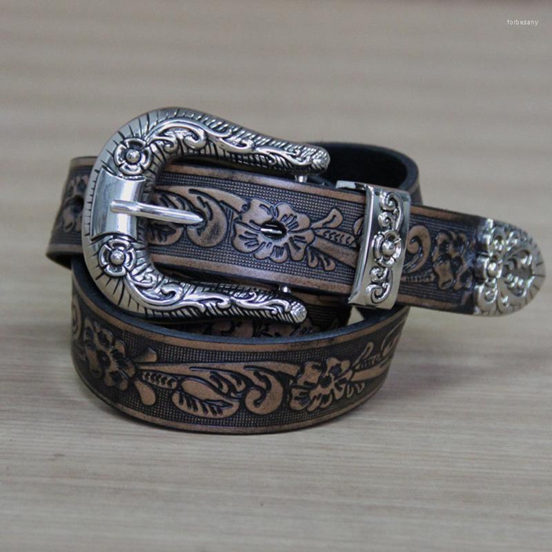 

Belts Men First Layer Cowhide Belt Small Rose Embossed Women Luxury Fashion Personality 3.4CM Wide And Long Pin Buckle, Black