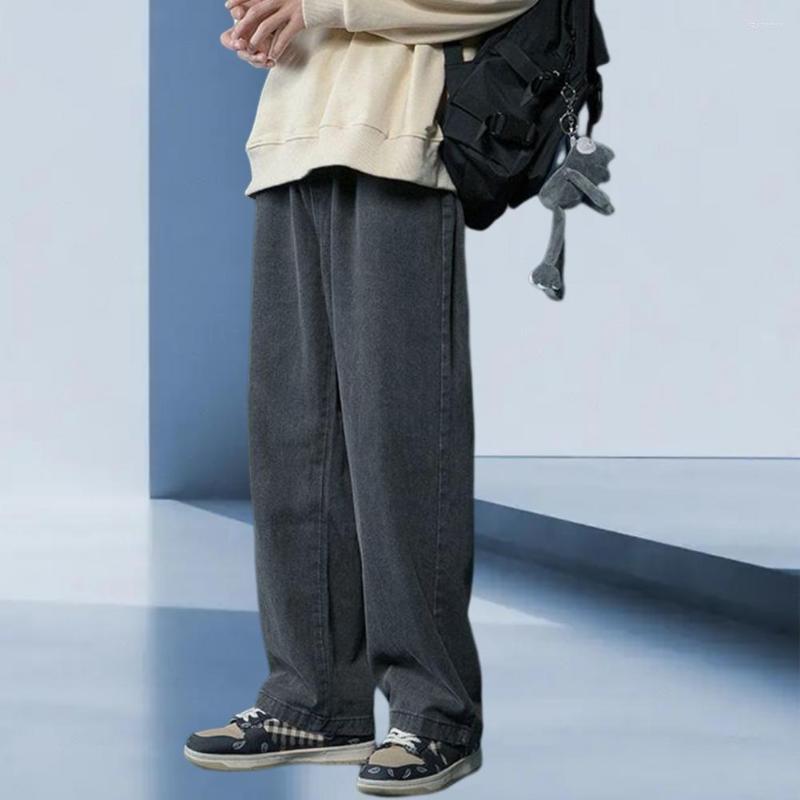 

Men' Jeans Mid-rise Button Pockets Solid Color Men Fashion Hip Hop Straight Wide Leg Denim Pants Korean Style Street, Black gray