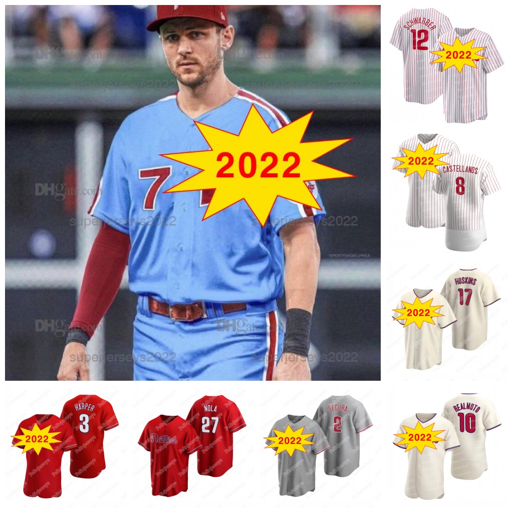 

7 Trea Turner Jerseys Harper 17 Rhys Hoskins Phillies J.T. Realmuto Kyle Schwarber Nick Castellanos Alec Bohm Brandon Marsh Jean Segura Syndergaard Aaron Nola, Blue flex base