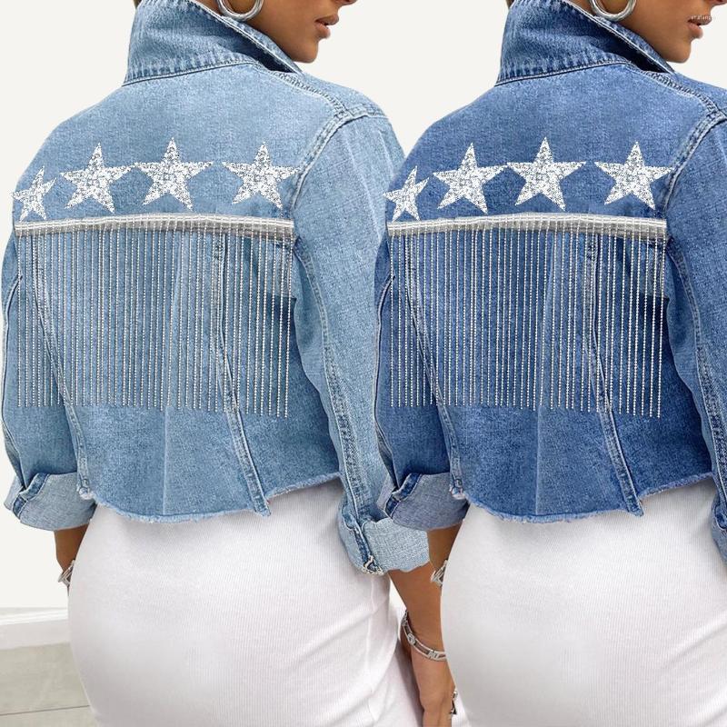 

Women's Jackets Short Long Sleeve Denim Jacket Women's Clothing Slim Five-star Personalized Print Tassel Bead Chain Lapel, Light blue