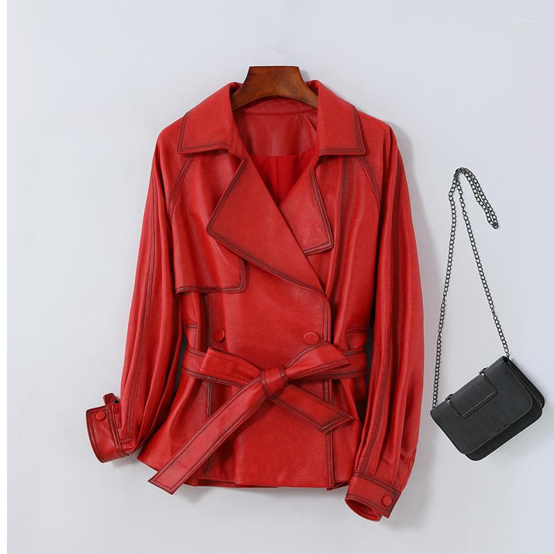 

Women' Leather Genuine Women 2023 Red  Women' Real Sheepskin Jacket Brown Belt Slim Trench Coat Zm1686, Black