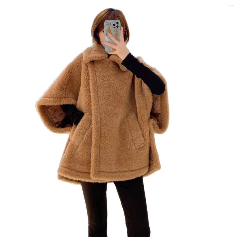 

Women's Fur Teddy Bear Shawl Jacket Female Autumn Winter Camel Gray Sheep Wool Coat Lapel Short Alpaca Silk High-end Fashion