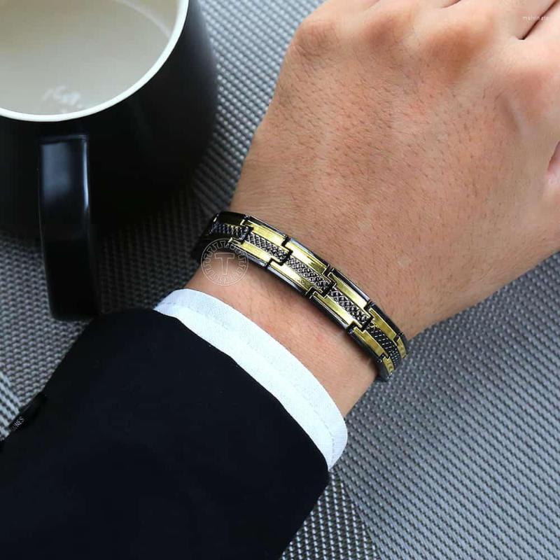 

Link Bracelets Womens Mens Bracelet Wristband Chain Black Gold Color Stainless Steel Stripes Grid Watchband 11mm LKB604