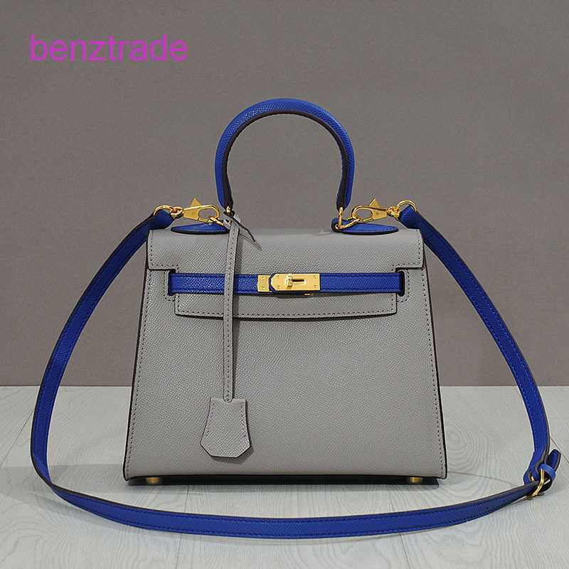 

Herme Kely bags for women online shop Spring and summer hand print leather women's splicing color 2022 new contrast Crossbody Bag, Elephant grey with earth yellow 28cm