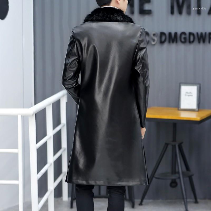 

Men's Trench Coats Motorcycle PU Leather Faux Fur Collar Mens Long Winter Korean Sleeve Single Breasted Slim Male Plus Size