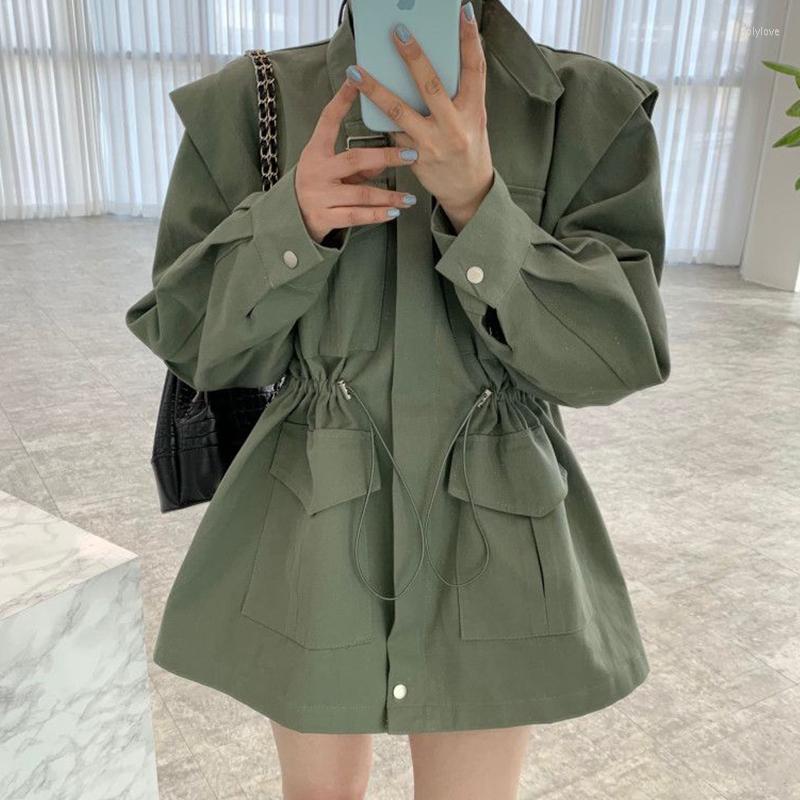 

Women's Trench Coats Women 2022 Autumn Korean Retro Wild Multi-pocket Drawstring Puff Sleeves Overcoat Female Clothing Tooling Jackets, Green