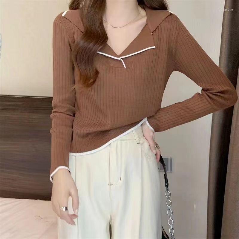 

Women's Sweaters Polo Collar Pullover Knitted Sweater Base Coat For Women 2022 Autumn Solid Long Sleeved T-shirt Female Top, Black