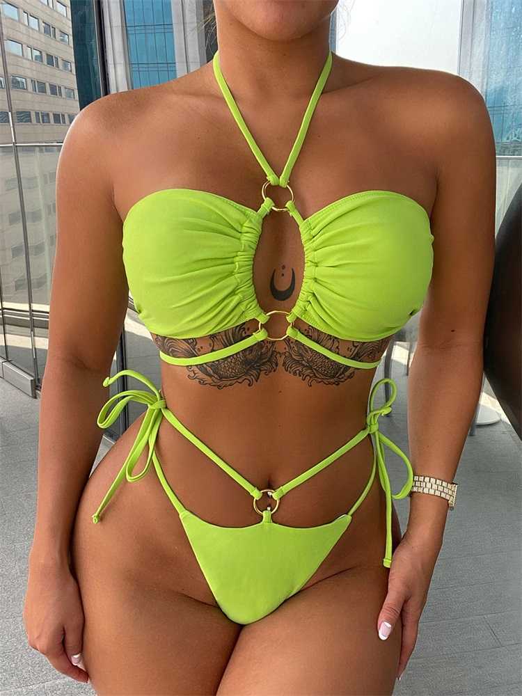 

Bras Sets COOBBU Two Piece Bikinis Thong Bikini Set 2022 Newest Swimwear Solid Swimsuit Woman Bandage Female Beachwear Sexy Bathing Suits T221206, Beige