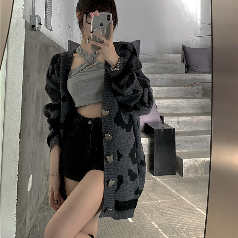 

Women s Knits Tees QWEEK Leopard Print Sweater Harajuku Knitted Cardigan Oversized Streetwear Gothic Style Long Sleeve Jumpers Fashion 221206, Gray