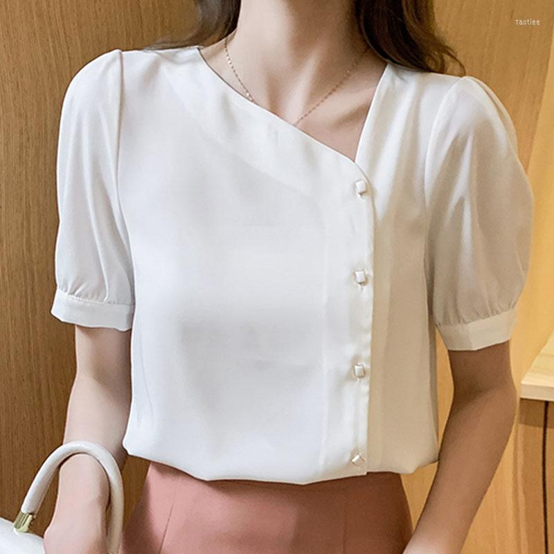 

Women' Blouses V-neck Bubble Sleeve Chiffon Shirt Women' 2022 Summer Elegant Simple Short White Blouse And Tops Women Button Solid