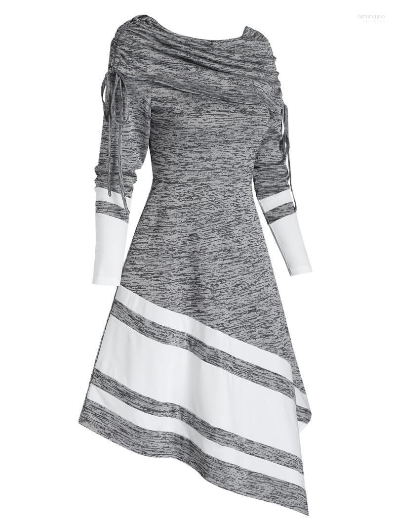 

Casual Dresses Kenancy Women Dress Plus Size Striped Cinched Cowl Neck Asymmetrical Long Sleeve Vestidos Mid-Calf Party 3XL, Cloudy gray