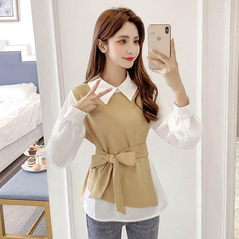 

Women' Blouses Fashion Woman Patchwork Printing Long Sleeve Top Trend Chiffon Temperament Thin Shirt Female Polo Collar Blouse Clothing, Blue