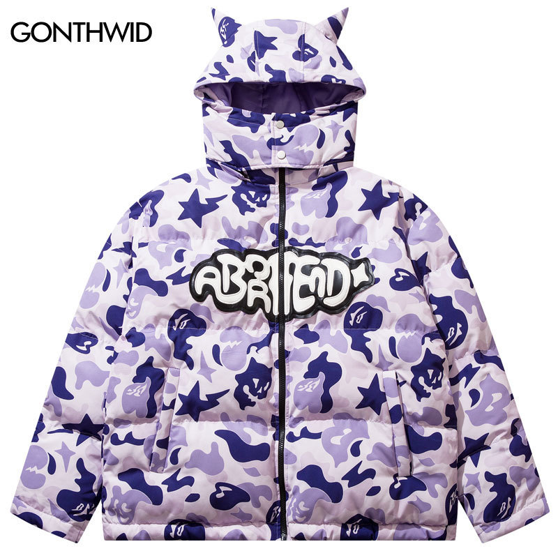 

Mens Down Parkas Hip Hop Removable Hood Jacket Streetwear Camouflage Devil Horn Thicken Warm Bubble Padded Coats Harajuku Puffer Jackets 221207, Grey