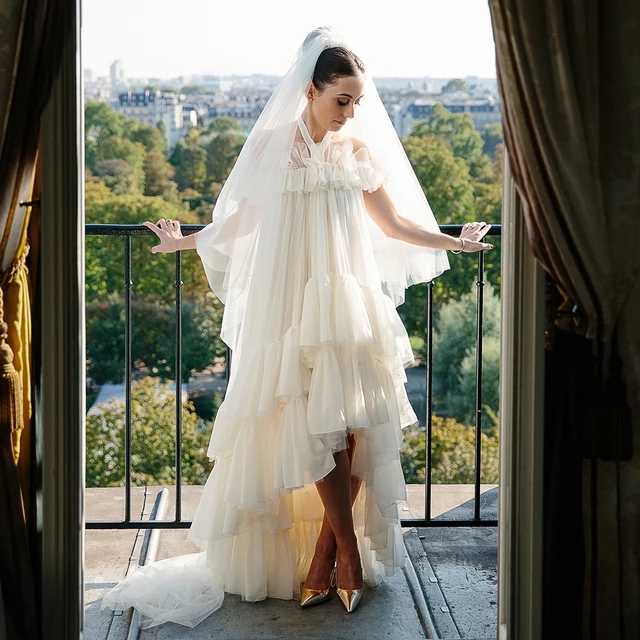 

Bohemian Chiffon High Low Wedding Dress A Line Maternity Bridal Gowns Halter Neck Backless Tiered Short front Long Back Summer Beach Vestido De Novia 2023, Light sky blue