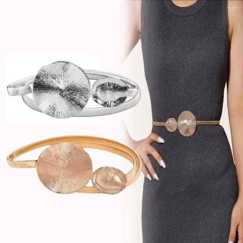 

Belts Fashion Skinny Casual Stretch Ladies Dress Cummerbands Round Leaf Buckle Waist Band Thin Waistband Metal Elastic Belt, Gold