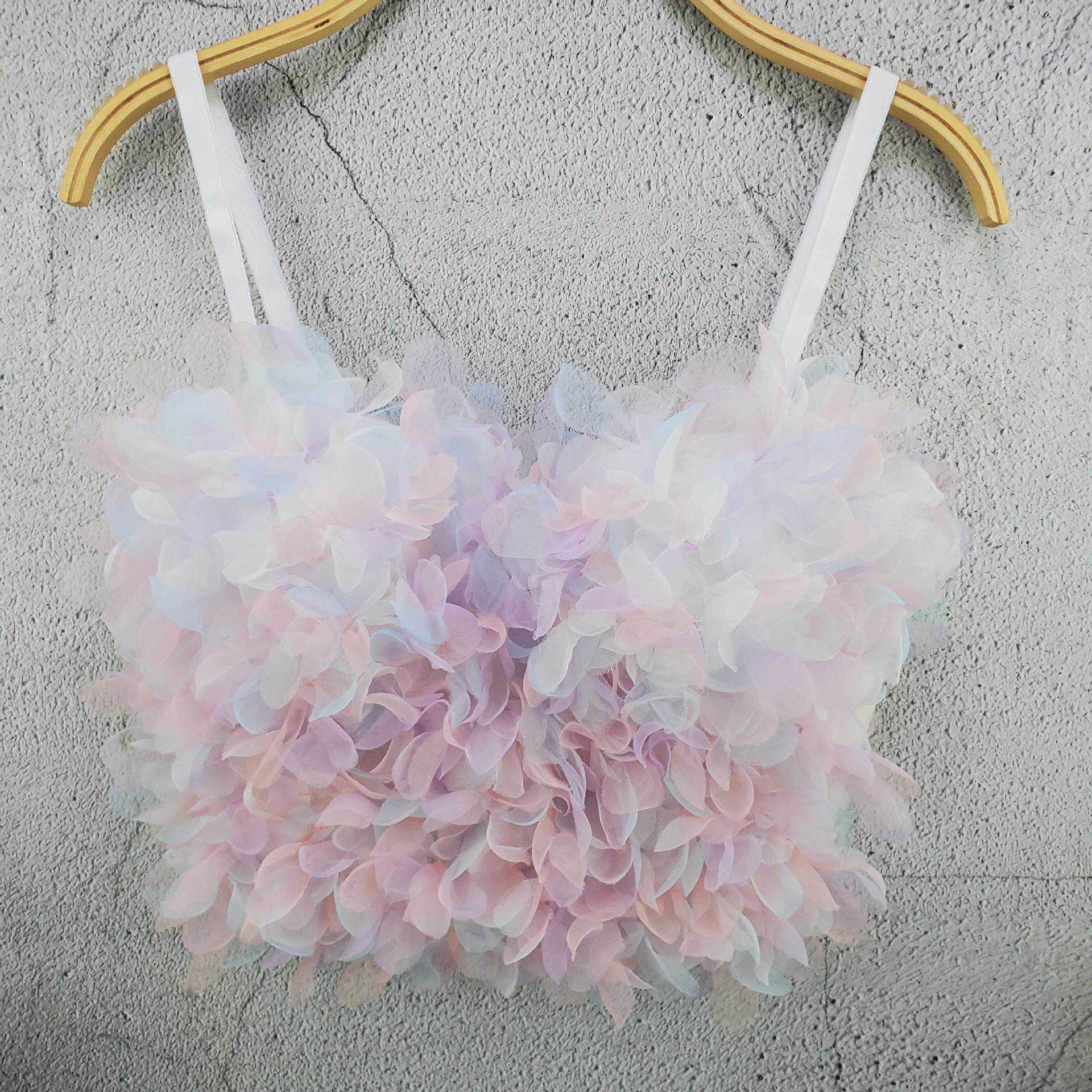 

Fairy yarn flower three-dimensional colorful solid color small suspender vest spring and summer small fresh super fire short steel ring, White