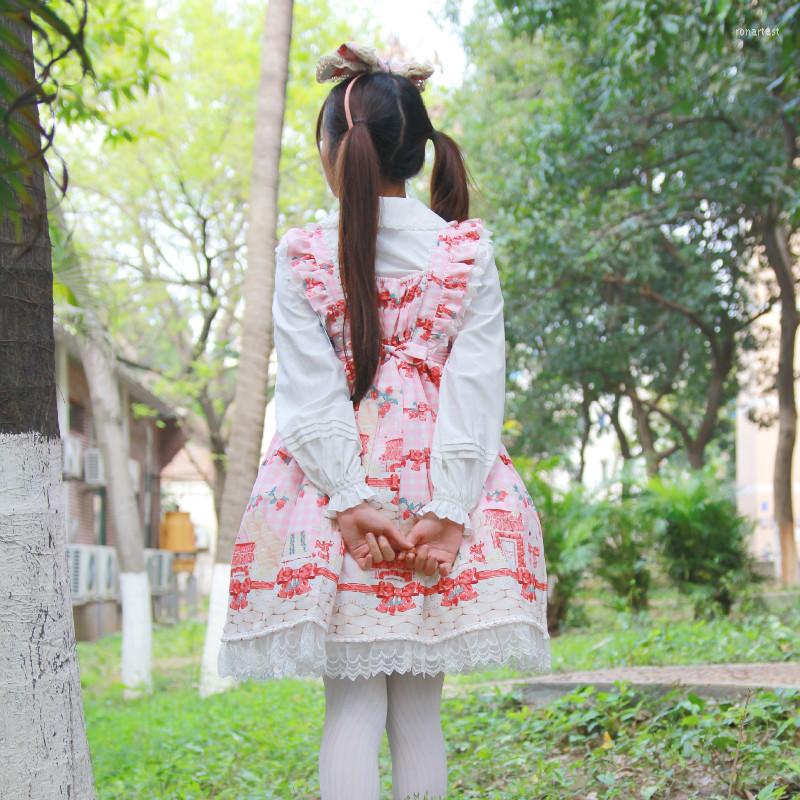 

Casual Dresses Lolita Strawberry Dress Summer Bow Lace Long Sleeve Women 2022 Harajuku Cosplay Maid Lovely Sweet Picnic Costume, Pink