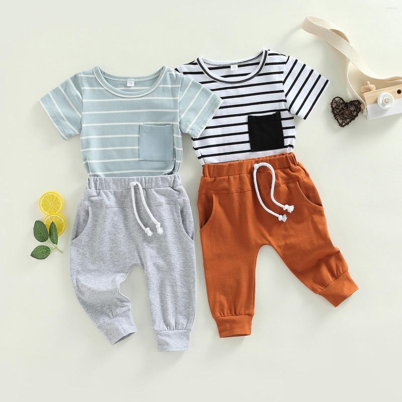 

Clothing Sets 2022 0-3Y Summer Kids Boy Striped Print Pocket Patchwork Round Neck Short Sleeve Top Casual High Waist Pants 2pcs Set