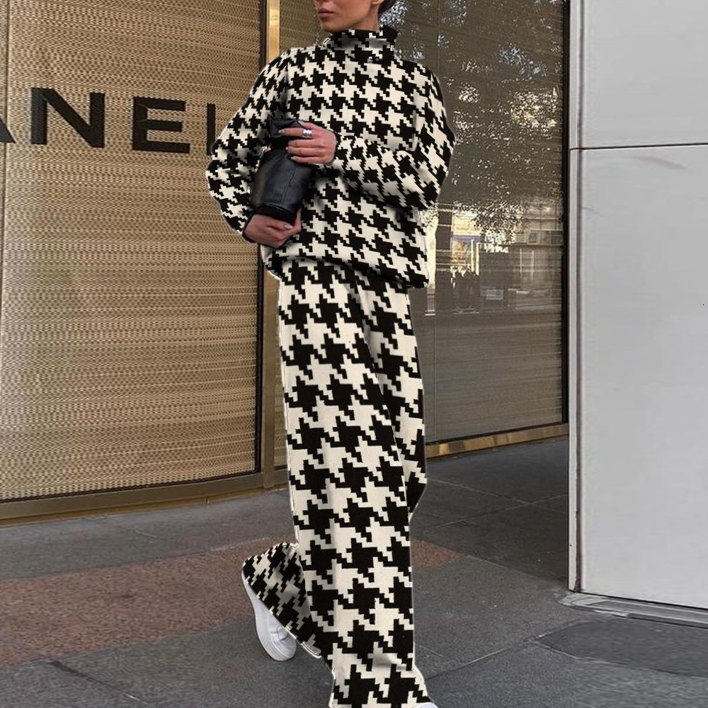 

Women  Two Piece Pants Autumn Turtleneck Long Sleeve Top Wide Leg Pant Set for Women Fashion Chic Printing Loose Track Suit Roupas Femininas 221206, 05