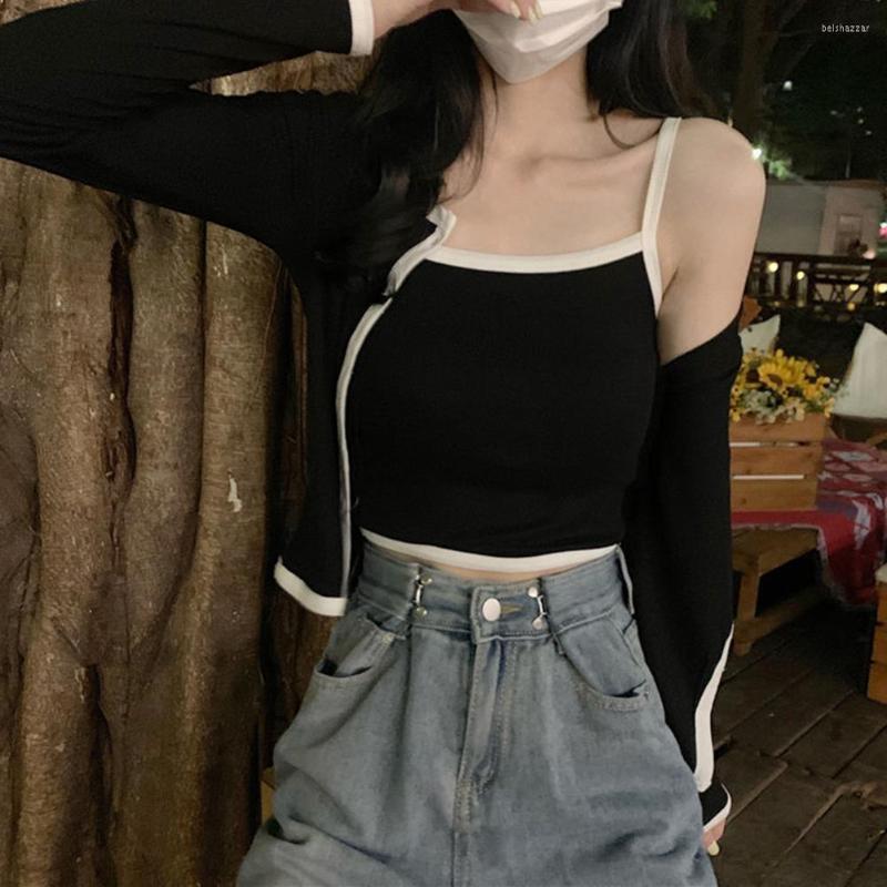 

Women' Knits Fashion Women Cardigan Solid Color Polyester Match Slim Vest Camisole Anti-Pilling Ladies Suspender For Dating, Black