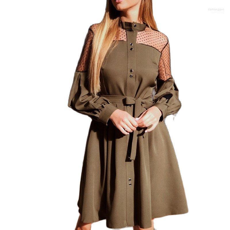 

Casual Dresses Belt A Line Party Lace Dress Lantern Sleeve Sweet Girl Pocket Patchwork Loose Elegant Office Lady Knee Length 2022 Beach Styl, Black