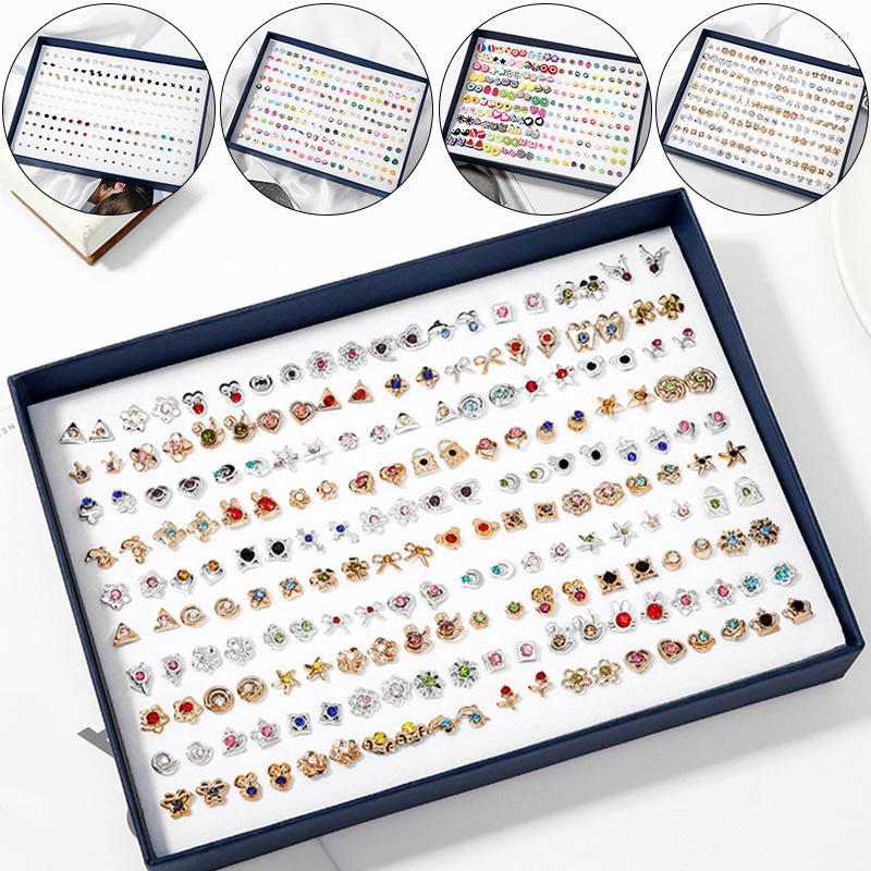 

Stud Earrings 100 Pairs Boxed Cute Mixed Styles Crystal Small Sets Girl Geometric Plastic For Women Jewelry