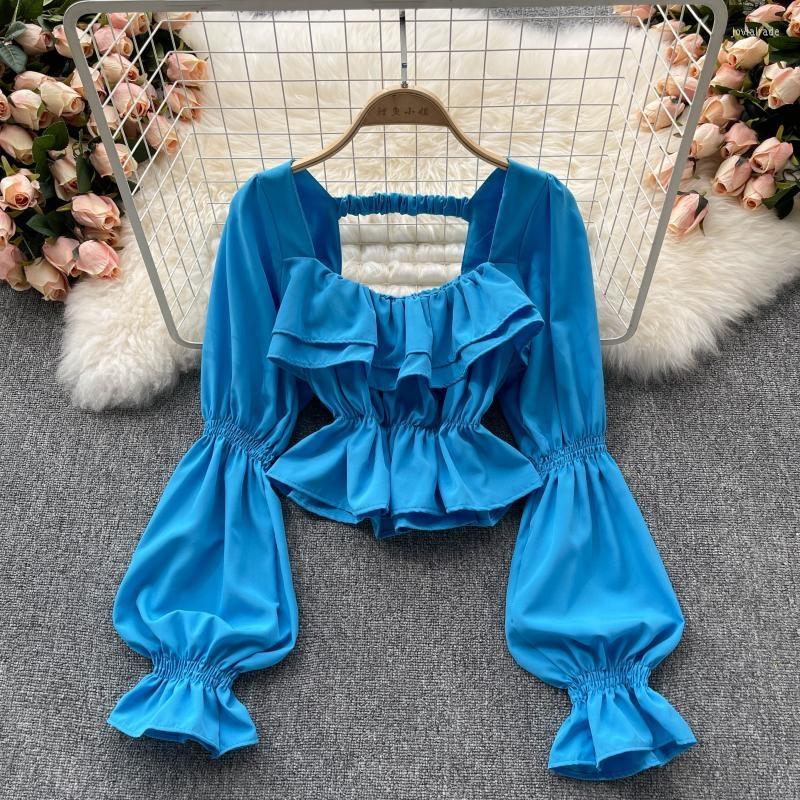 

Women' Blouses Blouse Stylish Square Collar Puff Long Sleeve Ruffles Cropped Top 2022 Autumn Fashion Solid Slim Female Shirts Tops, Blue