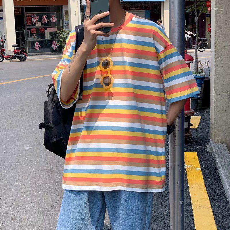 

Men's Hoodies Korean Fashion Trend O Neck Short Sleeve Men Sweatshirt Summer Rainbow Striped Print Teenagers Harajuku Casual Oversized T, Green