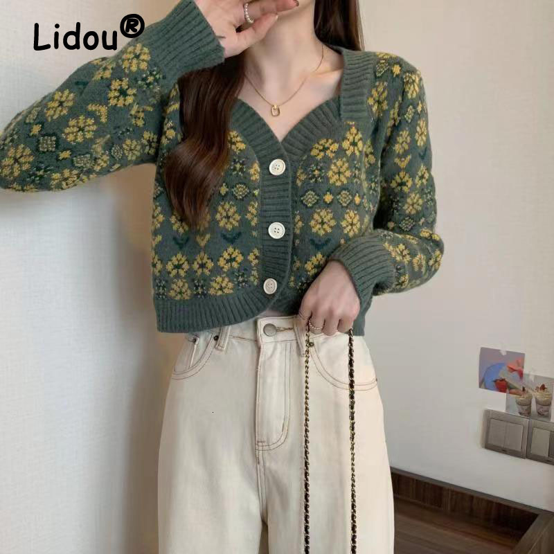 

Women's Knits Tees Sweet Elegan V-neck Single Breasted Knitted Vintage Cardigan Sweaters for Women Chic Small Fragrance Style top 221206, Gray