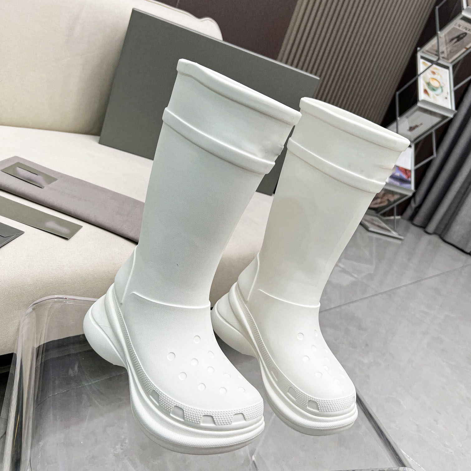

Delivery rain boots designer crocodile boots non-slip booties knee-high rubber thick-soledfashion riding jelly green pink white black