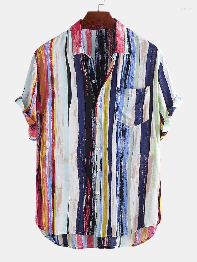

Men' Casual Shirts Fashion Lapel Print Designer Multi Color Graffiti Chest Pocket Round Hem Loose Short Sleeve Chemise Beach Tops Tee, Bu