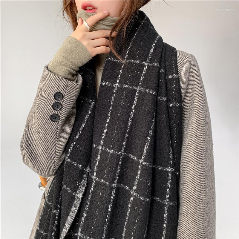 

Scarves &Dolphin Women Elegant Scarf Warm Knitted Classic Big Plaid Ins Soft Wool Imitation Cashmere Tippet Pashmina Blanket Shawl