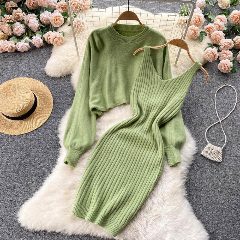 

Work Dresses 2022 Autumn Winter Female O-neck Lantern Sleeve Knit Blouses Sweater Strap Chic Sheath Dress Two-piece Sets Women Suits, Black