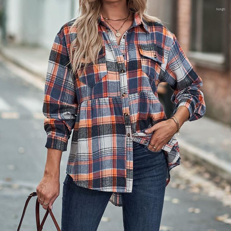 

Women' Blouses Women Top Autumn Winter 2022 Casual Plaid Shirt With Lapel Long Sleeve Pocket Camisas De Mujer Womens Tops, Pink plaid