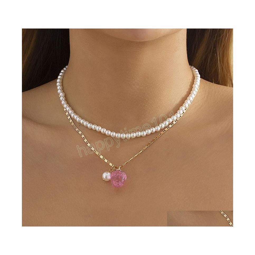 

Pendant Necklaces Sweet Imitation Pearl Beaded Clavicle Necklace Womens Personality Pink Stberry Pendant Necklaces Girls Fashion Jew Dhxxt