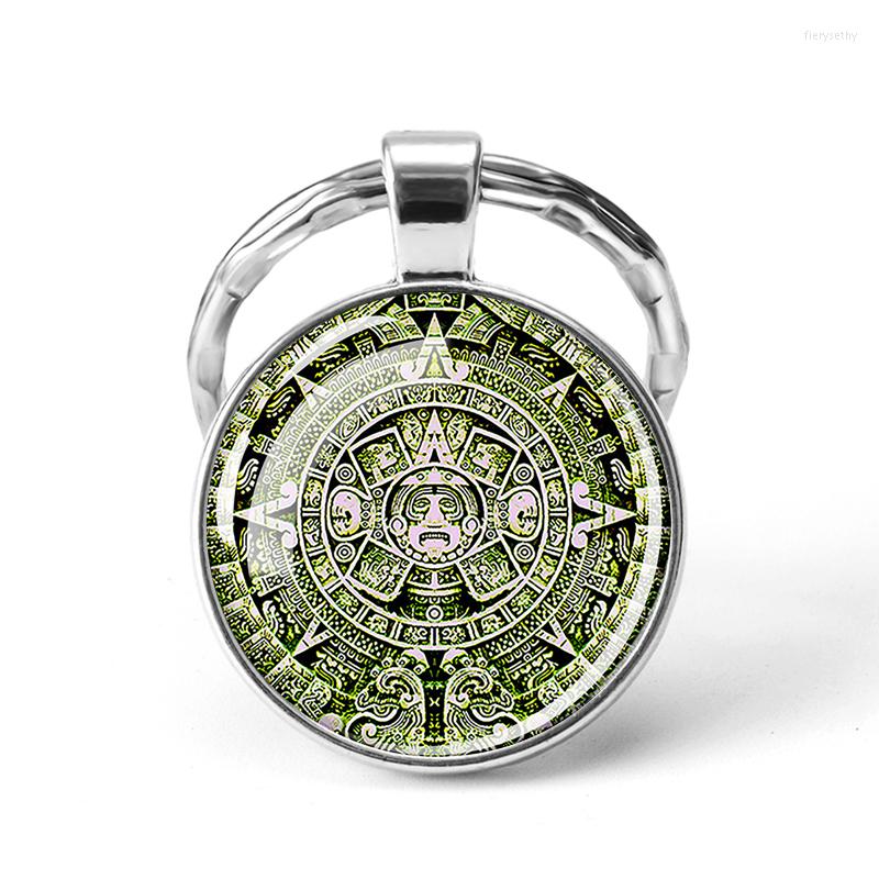 

Keychains Aztec Calendar Keychain Ancient Mexico Art Glass Cabochon Pendant Mayan Civilization Metal Key Chain