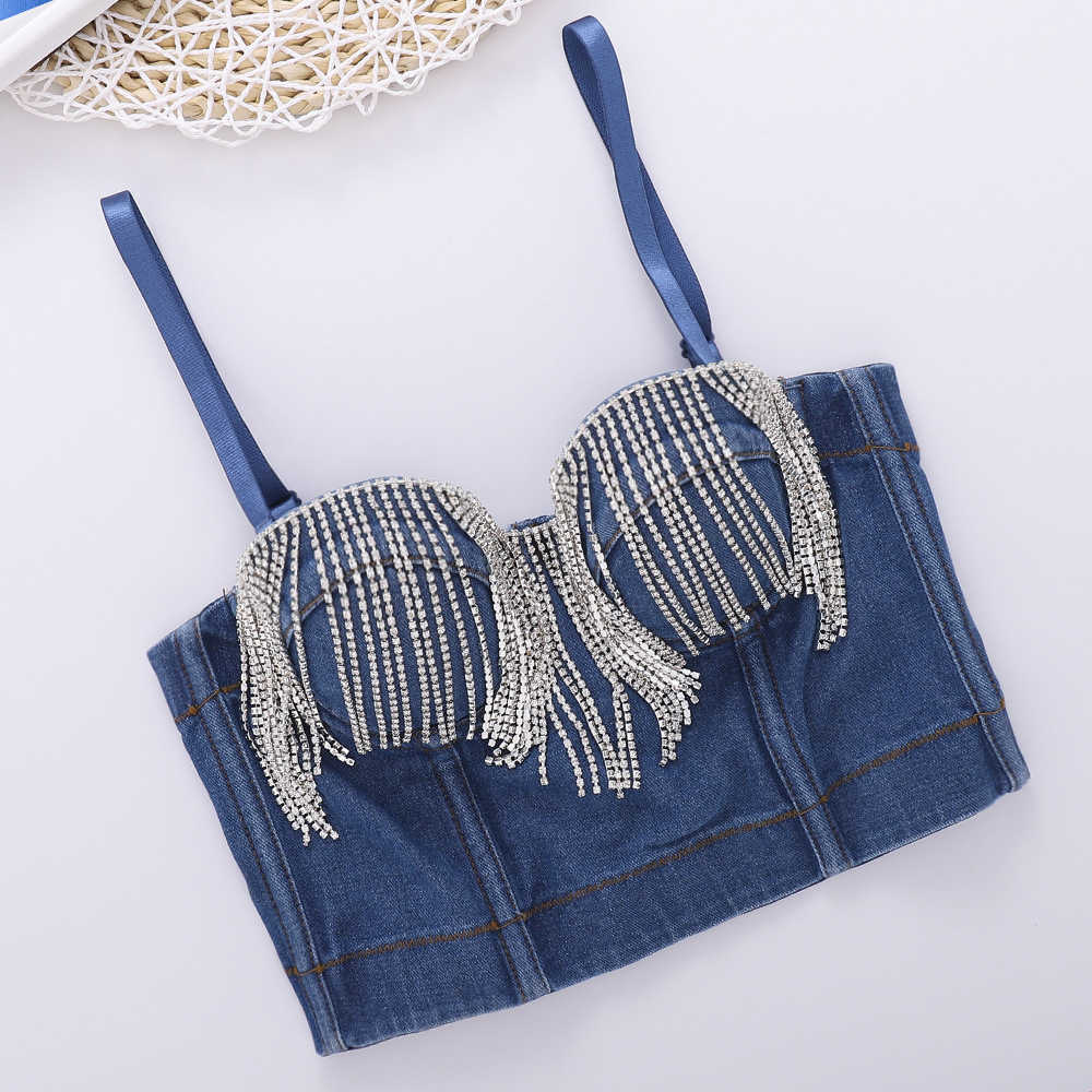 

Fishbone denim bra design sense of minority tassel bright diamond suspender women wearing a padded disco top, Denim blue