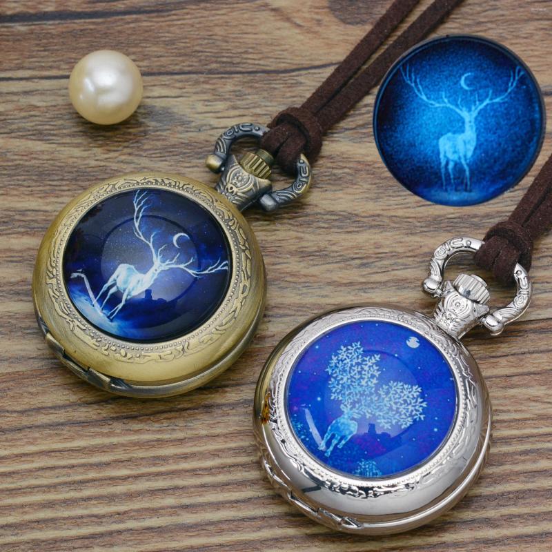 

Pocket Watches Fashion Luminous Deer Watch Necklace Woman Men Fob Silver Bronze Round Convex Lens Glass Picture Girl Cute Lady, Bronze a