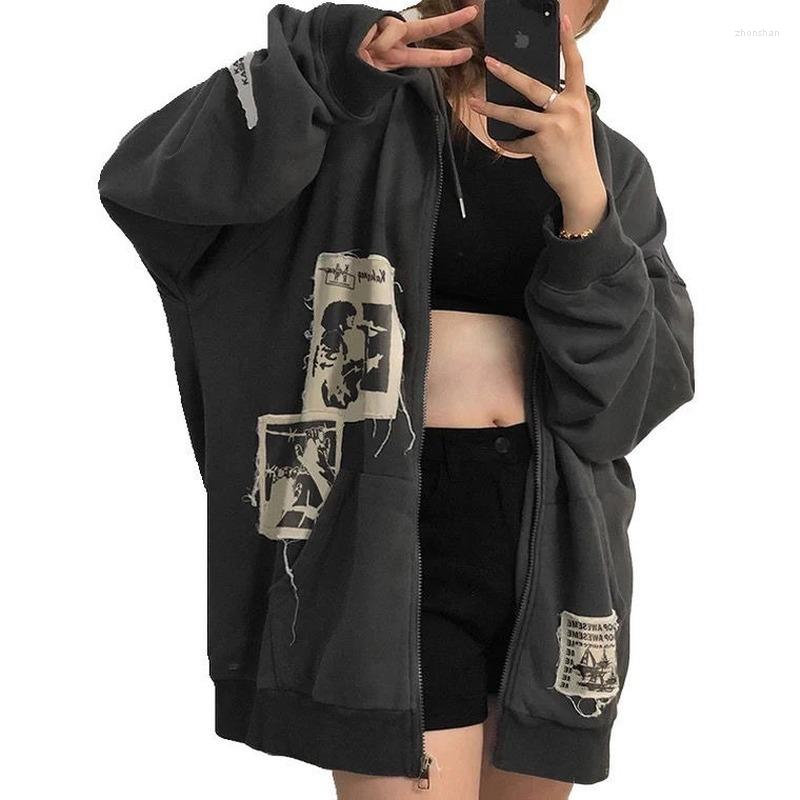

Women' Hoodies Fall Women' Street Brown Graffiti Print Zip Vintage Tops Sweatshirts Kawaii Blouse Grunge Y2k Coats Jackets Woman, Gray