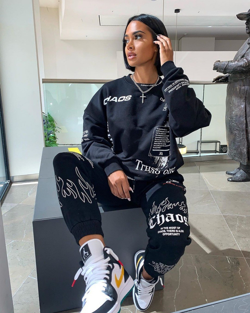 

Women  Two Piece Pant Outfit Letter Print Loose 2 Set Streetwear Tracksuit Sweatshirt Joggers Matching Ensemble Femme 2 pices 221206, Black